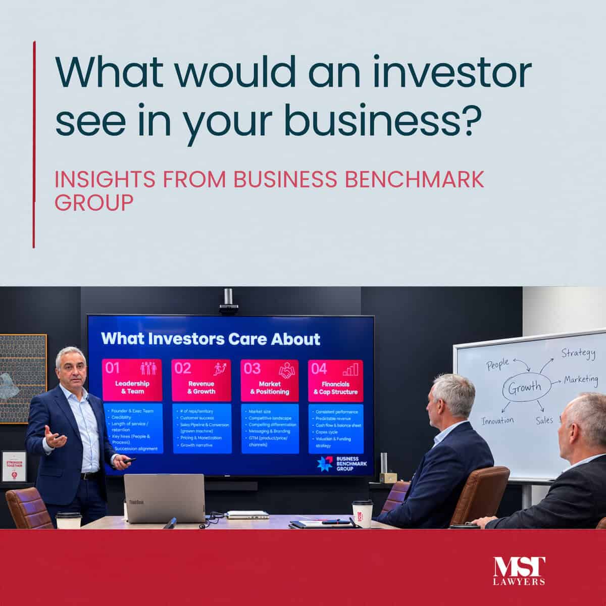 Business Benchmark Group presenting on what investors care about at an MST Lawyers boardroom event.